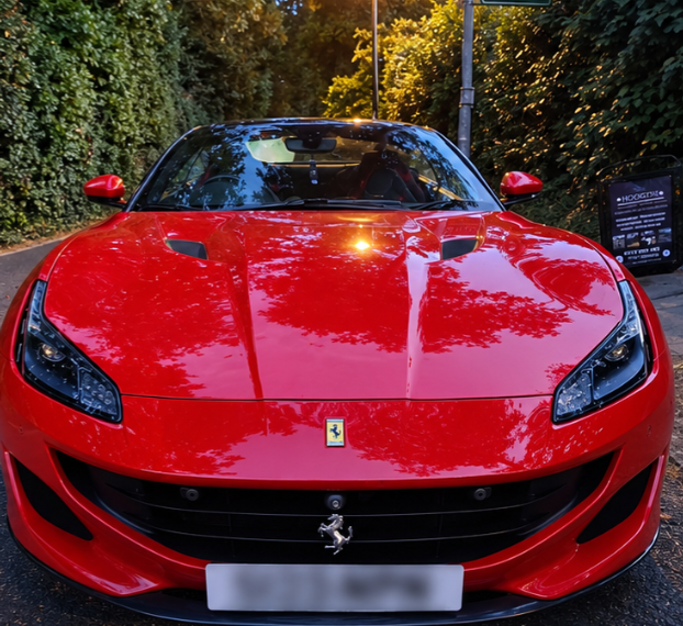 Clean Ferrari bonnet, front grille and headlights